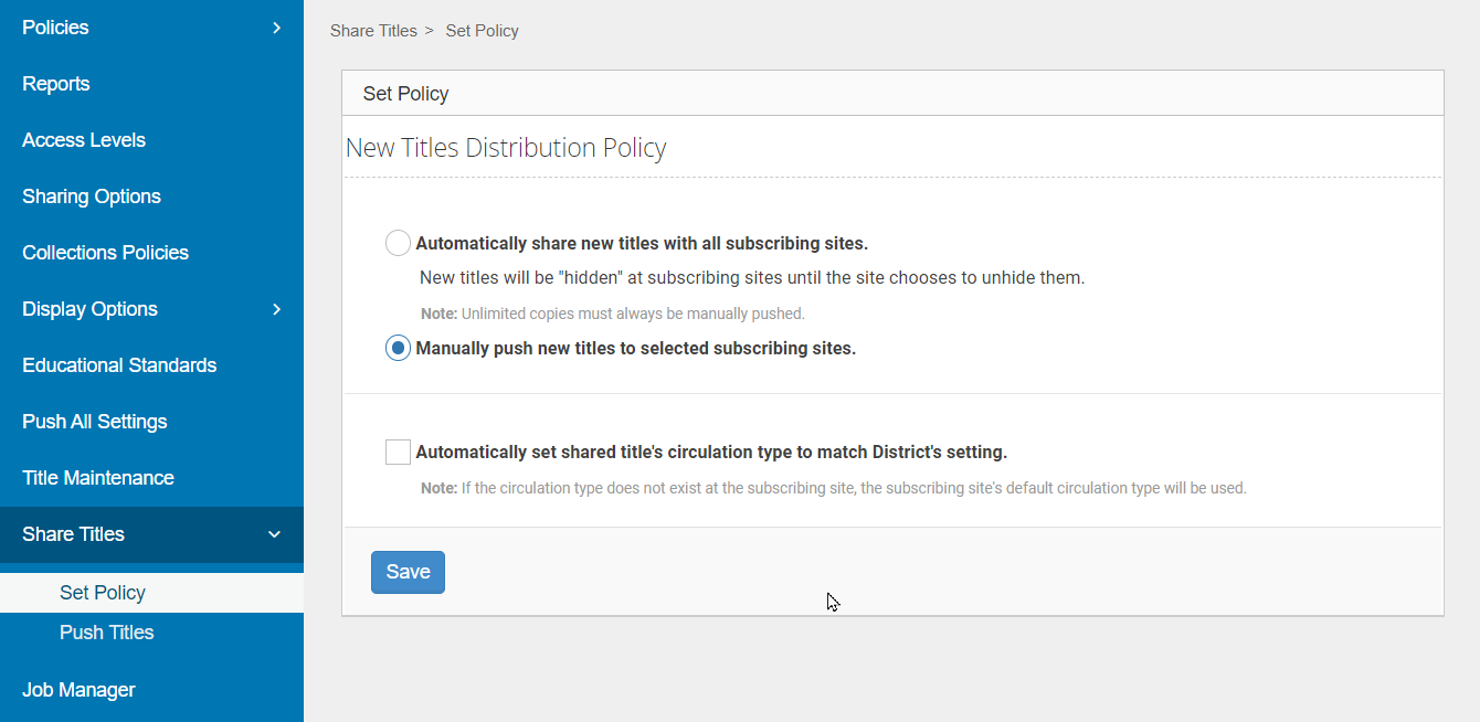 Share Titles, Set Policy page.